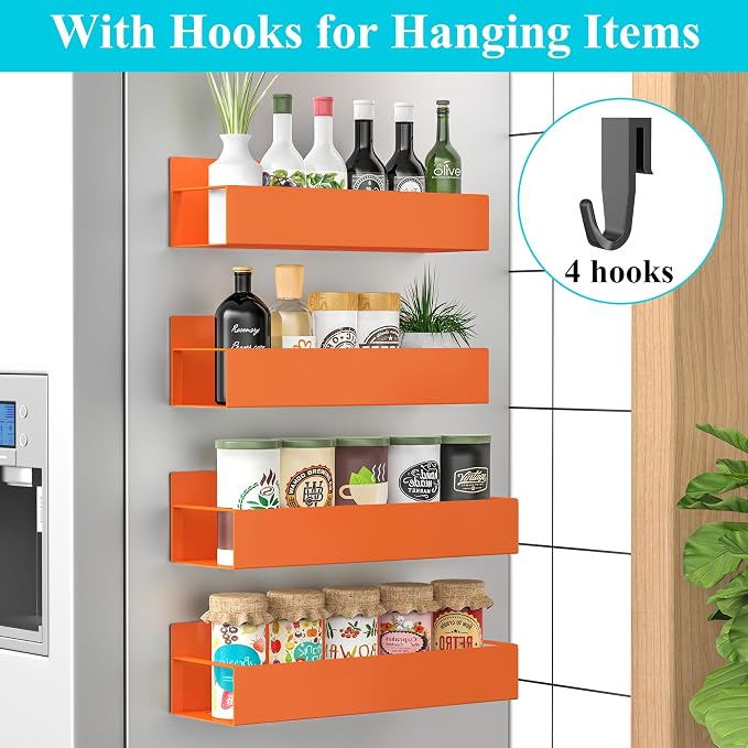 Metal Magnetic Spice Rack for Refrigerator Orange, 4 Pack | Magnetic Shelves Heavy Duty for Fridge in Kitchen, Seasoning Storage Organizer, For Oven Washer and Dryer, For Heavier Items - Image 2