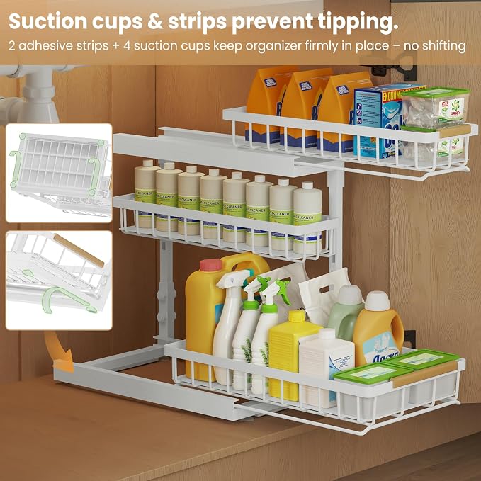 Under Sink Organizer and Storage for Bathroom and Kitchen - 2 Pack 3 Tier | Under Cabinet Pull Out Shelf Organizers - Slide Out Drawer Organization for Home Cabinets Shelves and Drawers - Image 6