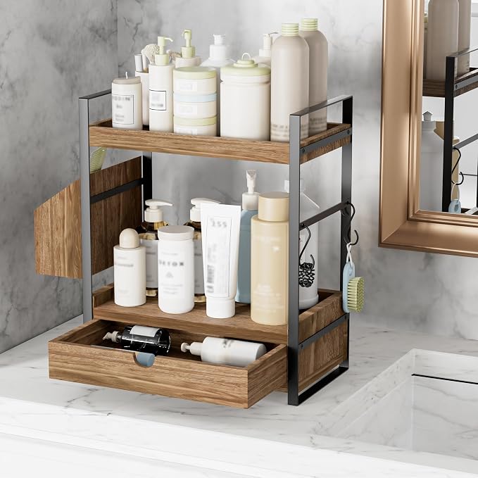 2-Tier Bathroom Counter Organizer, Wooden Vanity Shelf with Drawer & Basket | Pre-Drilled Holes, Skincare & Makeup Countertop Organizer and storage, Dark Brown - Image 4