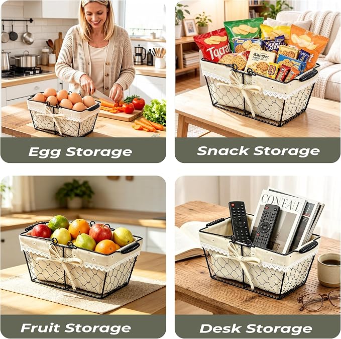 Farmhouse Vintage Metal Wire Chicken Egg Basket with Handle, Square Storage Basket with Removable Linen Liner, Decorative Countertop Organizer for Gathering Fresh Eggs, Fruits and Vegetables - Image 5