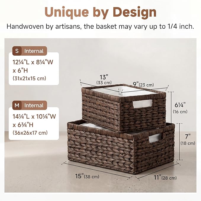 StorageWorks Large Wicker Baskets for Storage, Dark Brown Baskets, 2-Pack | Hyacinth Dark Brown Wicker Baskets with Handles, Wicker Storage Baskets for Organizing, Wicker Storage Baskets for Shelves - Image 3