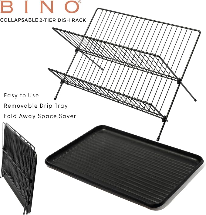 BINO 2-Tier Collapsible Dish Rack with Tray - Matte Black | Dish Drainer Kitchen Plate | Holders for Cups & Plates | Foldable Rack for Kitchen Countertop | Storage and Organization - Image 3