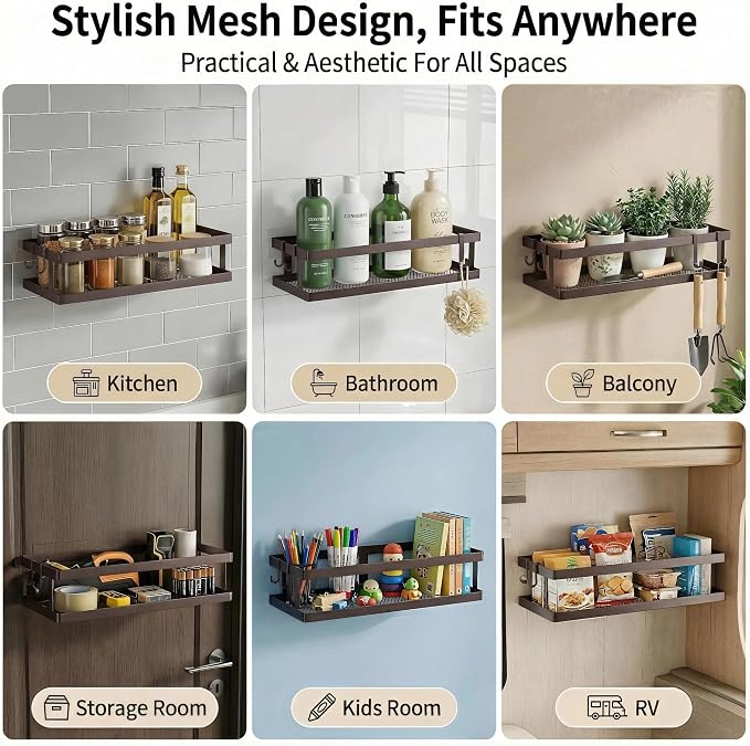 PUSDON 2-Pack Minimalist Shower Caddy Wall Mount, Open Frame Bathroom Shelf Organizer with Mesh Base, Rustproof Floating Spice Rack for Kitchen, Holds 50 LBS, 4 Hooks - Vintage Bronze, Guardrail - Image 4