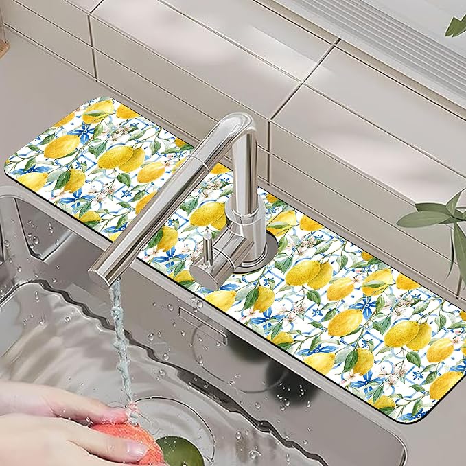 Faucet Mat for Kitchen Sink Watercolor Lemon Blue Geometric Sink Splash Guard Behind Faucet Soft Diatom Mud Material Non-slip Easy to Clean for Bathroom & Kitchen 24"X5.5" - Image 6