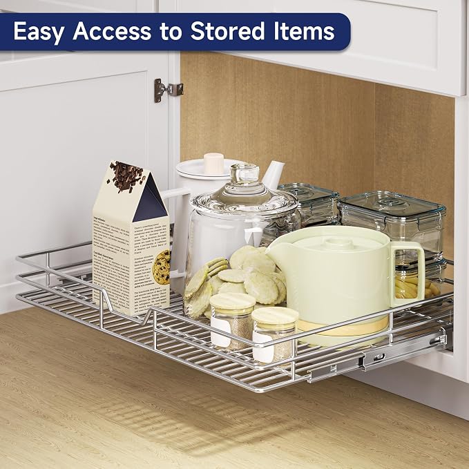 Pull Out Cabinet Organizer, 31.5" W x 21.5" D, Heavy Duty Chrome Slide Out Shelf for Wide Base Cabinets, Sliding Wire Basket Drawer for Pots, Pans, Appliances & Pantry Storage - Image 6