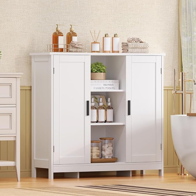 Iwell Storage Cabinet with 2 Doors and 4 Storage Shelves, Buffet Cabinet, Bathroom Cabinet for Living Room, Entryway, Home Office, White - Image 8