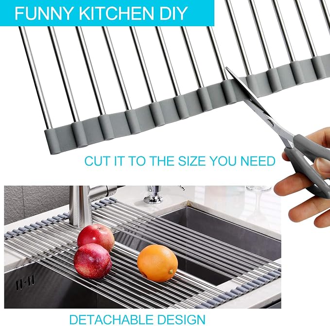 SunCleanse Roll-Up Dish Rack 17.8" x 15" Grey Over Sink Drainer Foldable | Multi-use stainless steel, foldable, for countertop, space-saving, easy to clean and non-slip - Image 3