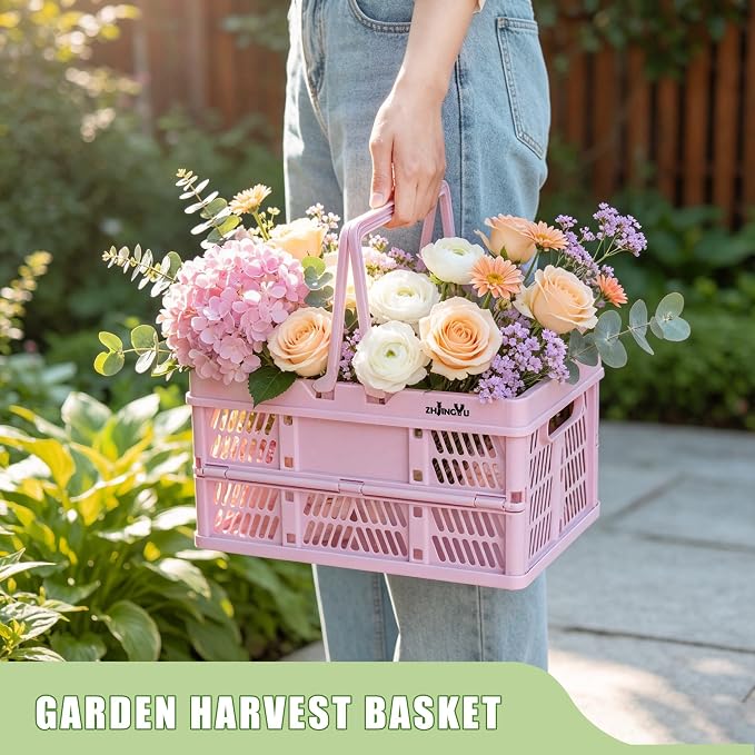 20L Pink Foldable Plastic Storage Crate Collapsible Shopping Basket | plastic baskets with handles for organizing,14.96" x9.84"x 7.87" basket for Trunk Milk Dairy Kitchen,Bathroom,school,office - Image 4