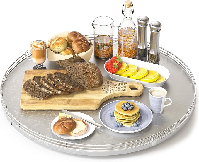 Oroyutor 18-Inch Oak Lazy Susan Organizer with Silver Iron Rail | Oak wood base, silver iron rail and smooth 360-degree rotation for dining tables, kitchen counters and spice storage. by Oroyutor