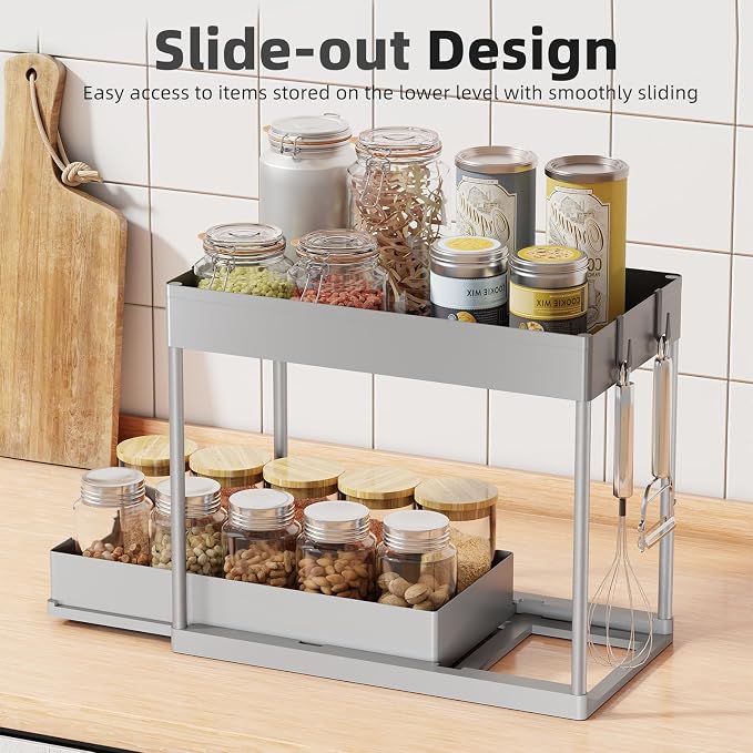 Simple Trending Under Sink Organizer 2 Pack, with Sliding Drawer, Grey | 2-Tier Multi-Use Under Shelf Organizer with Hooks, Sink Pull-Out Sliding Storage Cabinet for Kitchen Bathroom, Easy Assembly - Image 4