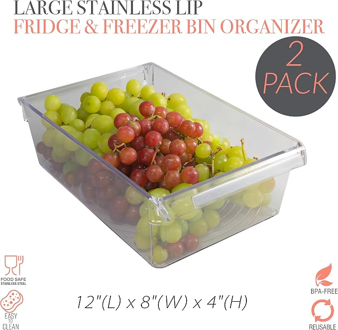 Kitchen Details 2 count Large Refrigerator Storage Bin, Fridge & Freezer, Kitchen Organization, Stainless Steel Handle, Countertop, Cabinets, Pantry, Clear (Pack of 6) - Image 2