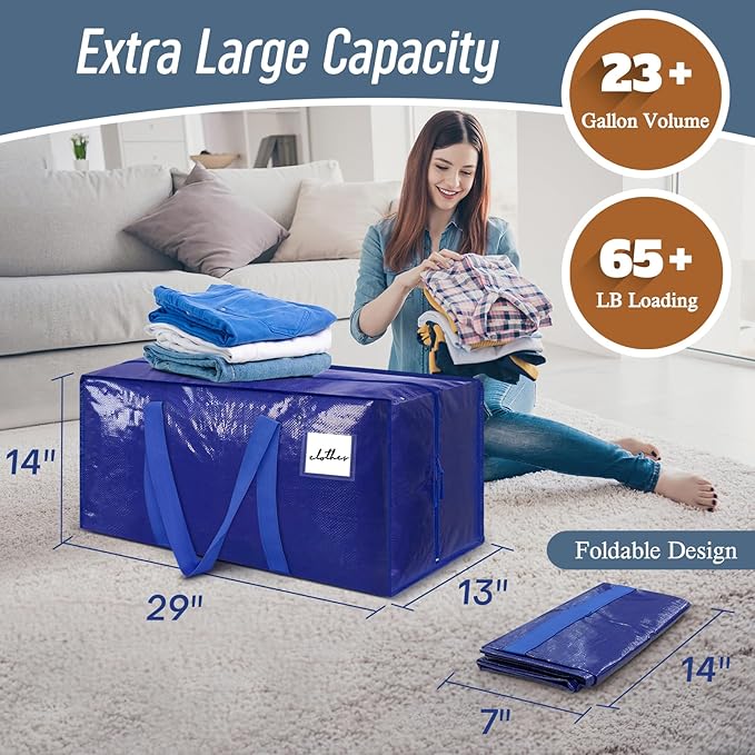 12 Pack Extra Heavy Duty Large Moving Bags with Strong Zipper, Blue | Comfortable Handles, Sturdy & Durable Clothes Storage Bags Totes Bins, Blue Packing Moving Boxes for College Supplies - Image 3