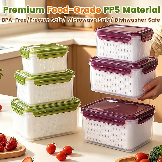 TBMax 8 Pieces Airtight Fruit Storage Containers for Fridge with Air Circulation Vent, 4 Pack Produce Saver with Colander for Berry Lettuce Salad Vegetable Storage, Refrigerator Organizers- Green - Image 5