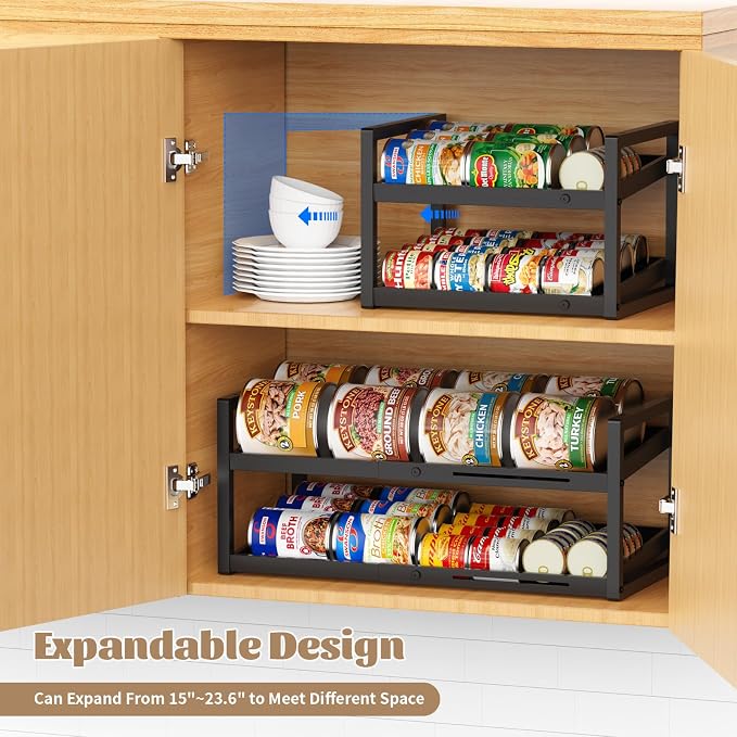 2-Tier Can Organizer for Pantry, Expandable Length Can Rack for Kitchen Shelf Organizer and Storage, Sturdy Metal Standing Can Holder for Canned Soup Soda Food Goods Storage, Stackable - Image 4