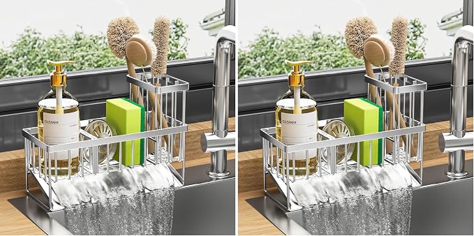 Cisily Sink Caddy Sponge Holder for Kitchen, 304 Stainless Steel Rustproof, Kitchen Sink Caddy with High Brush Holder, Dish Sponge Organizer with Divider(Silver) (Pack of 2) by CISILYHOMELIFE