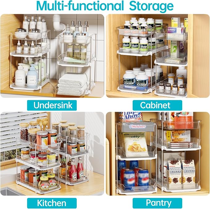 Delamu 2 Sets of 3-Tier Bathroom Under Sink Organizers and Storage, Multi-Purpose Stackable Pantry Organization and Storage, Pull Out Clear Kitchen Bathroom Cabinet Organizer with Movable Dividers | Storage - Image 4