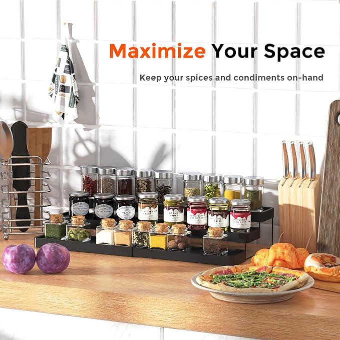 Expandable Spice Rack Organizer - 3 Tier Adjustable Spice Organizer for Cabinet & Countertop - Easy Visibility - Black - Image 4