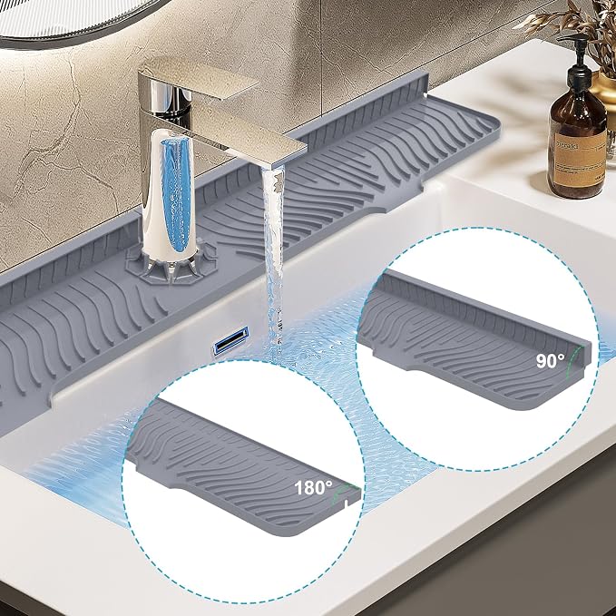 Derlights 33 inch Sink Splash Guard Mat, Silicone Faucet Handle Drip Catcher Tray, Longer Silicone Sink Mat for KitchenBathroom, Drip Protector Splash Countertop (Gray) - Image 2