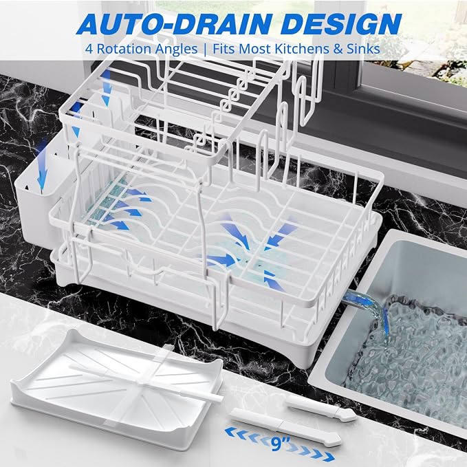 2-Tier Dish Drying Rack - Dish Rack with Auto Drain-to-Sink & Mat | Dish Racks for Kitchen Counter, Dish Drainer with Knife Fork & Cup Rack, Gifts for Women, Mothers Day, Kitchen Gadgets, White - Image 3