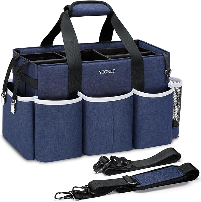 Ytonet Wearable Cleaning Caddy Bag, Large Cleaning Supplies Organizer, Blue | with 4 Foldable Dividers, Shoulder Strap&Waist Strap, Professional Cleaning Bag with Handle for Kitchen Housekeepers Cleaners by YTONET