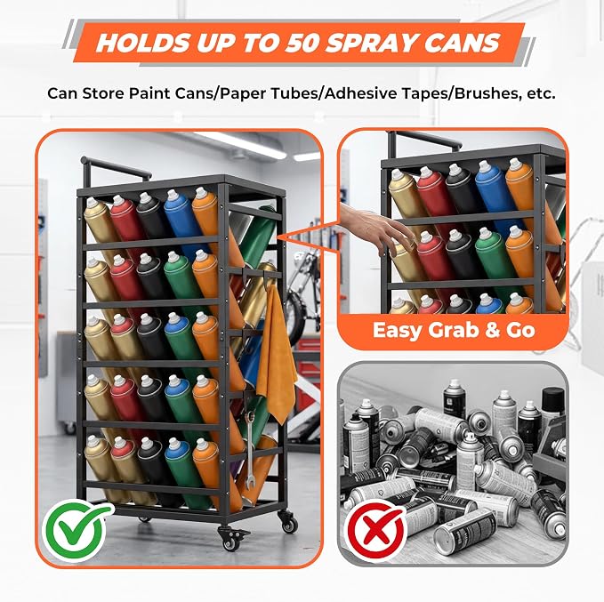 Sidasu Spray Can Organizer,Rolling Cart Garage Spray Paint Storage Rack | 50-Can Capacity, Double-Sided Storage, Locking Casters, Powder-Coated Steel, Tool Tray With 6 Hooks, Garage and Workshop Use - Image 5