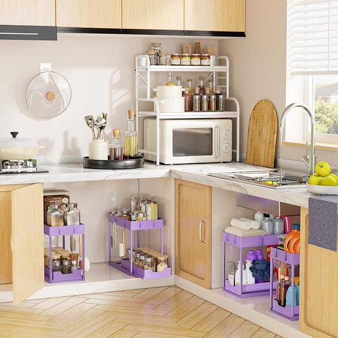 Simple Trending Under Sink Organizer 2 Pack, with Sliding Drawer, Purple | 2-Tier Multi-Use Under Shelf Organizer with Hooks, Sink Pull-Out Sliding Storage Cabinet for Kitchen Bathroom, Easy Assembly - Image 6