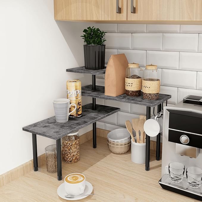 Kitchen Countertop Organizer, 3 Tier Corner Shelf Bathroom Counter Organizer, Wooden Counter Shelf Stand Space Saver, Easy Assembly, Rustic Grey - Image 6