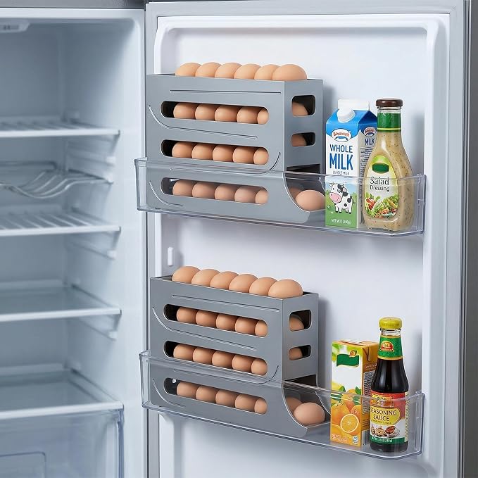 28 Egg Holder for Fridge, 4-Tier Auto Rolling Egg Organizer for Refrigerator, Gravity Slide Dispenser Rack, Space-Saving Storage (Grey) - Image 2