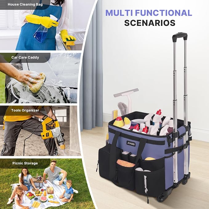 JKAOO Large Rolling Cleaning Caddy Bag with Detachable Trolley, Denim Blue | Waterproof Cleaning Caddy with Wheels, 40L Wheeled Organizer Cart for Supplies, Housekeepers, Home, Office, Car, Picnic - Image 7