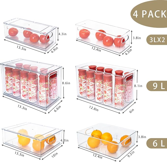 MANO Fridge Drawer Pull Out Stackable Bins with Handle Clear Refrigerator Drawers Organizer Food Storage Container Box with Dividers Plastic Produce Saver for Pantry, Cabinet, Kitchen, Clothes（4Pack） - Image 4