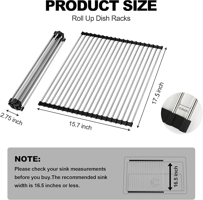 NEZUIBAN Dish Drying Rack with Roll Up and Over Sink for Kitchen,17.5"x15.7",Black - Image 3