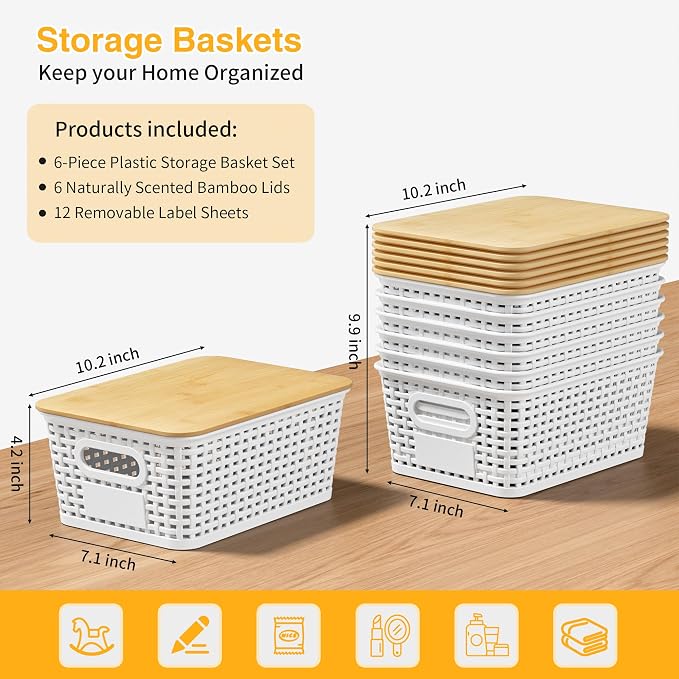 6 Pack Plastic Storage Baskets,White bamboo lid storage Box | Labels, Stackable, For Organizing Shelves Pantry Drawers Desktop Closets Organizing Desktop Closet Playroom Classroom - Image 3