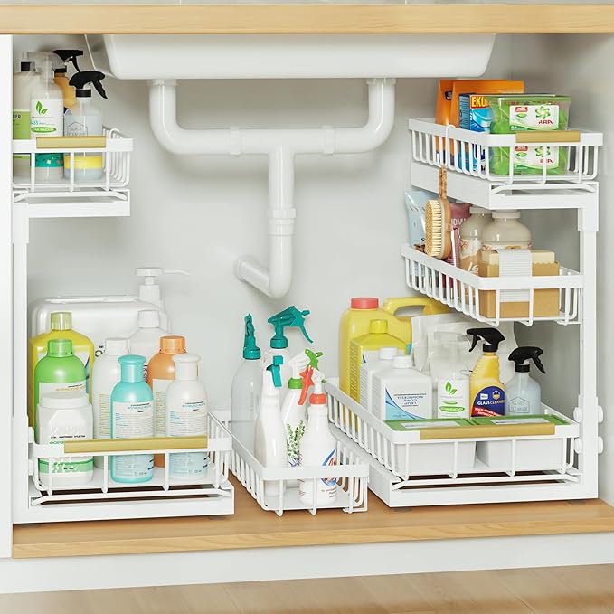 Under Sink Organizer and Storage for Bathroom and Kitchen - 2 Pack 3 Tier | Under Cabinet Pull Out Shelf Organizers - Slide Out Drawer Organization for Home Cabinets Shelves and Drawers by Aekenr