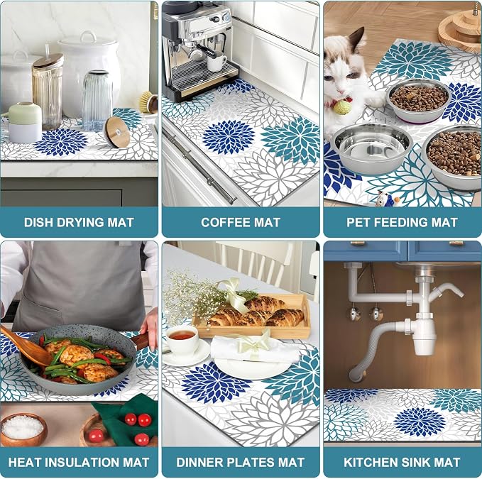 Findosom 2PCS 17" x 32" Dish Drying Mat & 24" x 5.5" Sink Splash Guard, Super Absorbent & Cuttable Dish Mat Drying Kitchen Mat with Blue Floral, Hide Stain Drying Mat for Kitchen Counter - Image 6