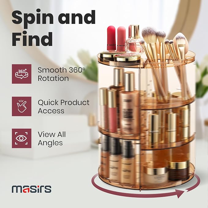 Masirs 360 Rotating Makeup Organizer Countertop, Adjustable Shelf, Brown | 360-Degree Rotating Makeup Organizer, Adjustable Shelf Height, Cosmetic Perfume Skincare Storage, Vanity Countertop, Brown - Image 4
