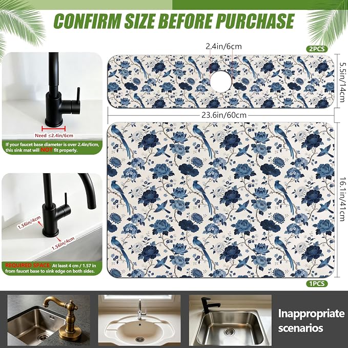 3 Pcs 2 Size Kitchen Sink Splash Guard Faucet Mat Blue Flowers and Birds Pattern Faucet Mats for Sinks Vintage Flower Absorbing Drying Mat for Kitchen Bathroom - Image 2