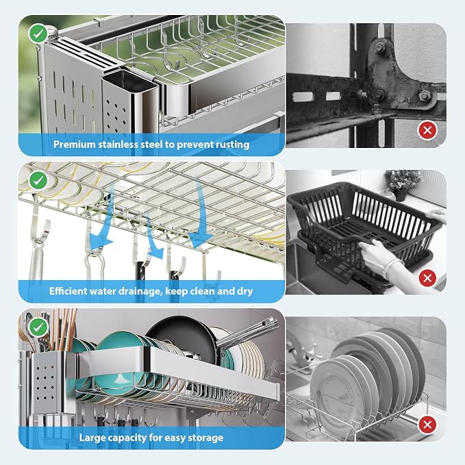 Over The Sink Dish Drainer Drying Rack 2 Tier Adjustable Width | 304 Stainless Steel Large Expandable Storage Kitchen Counter Organizer (Silver, 20.87'' to 37.6'') - Image 4