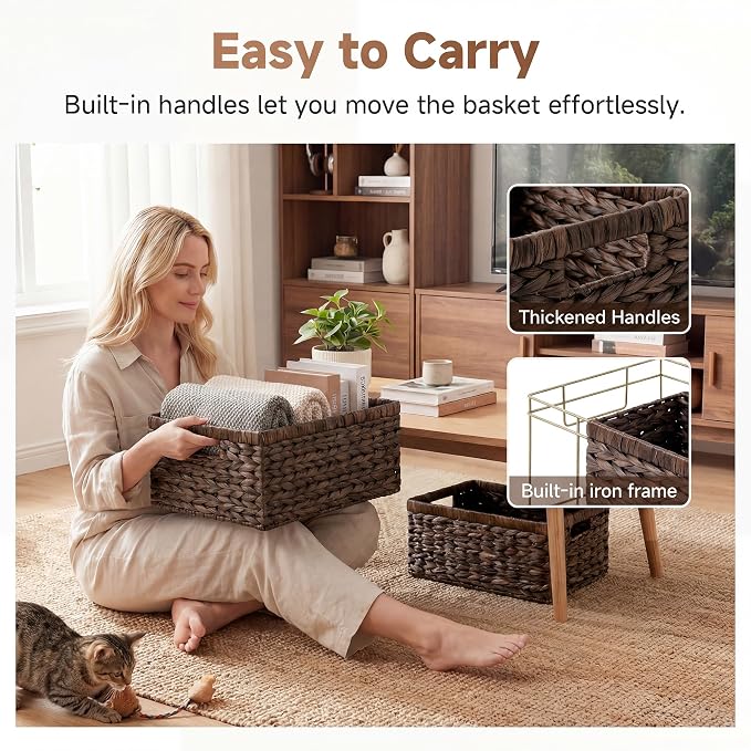 StorageWorks Large Wicker Baskets for Storage, Dark Brown Baskets, 2-Pack | Hyacinth Dark Brown Wicker Baskets with Handles, Wicker Storage Baskets for Organizing, Wicker Storage Baskets for Shelves - Image 4
