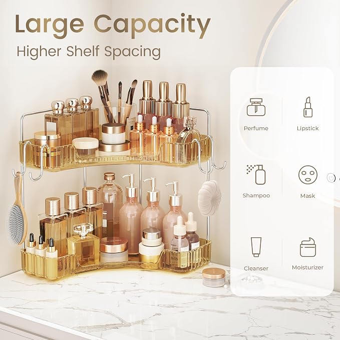 Corner Counter Organizer, 2 Tier Bathroom & Kitchen Storage Tray | PET Vanity Organizer Storage Countertop with Hooks for Skincare, Makeup & Jewelry, Gold - Image 5