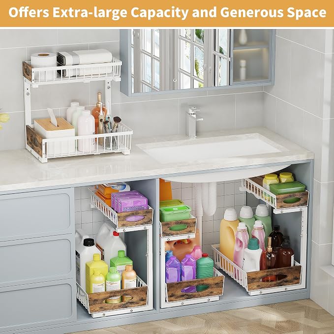 2 Pack Reinforced Metal Under Sink Organizer with Sliding Drawer, L-Shaped Adjustable Height Pull Out Cabinet Organizer with Wooden Handle, Under Bathroom Sink Storage for Kitchen, Pantry, White - Image 9