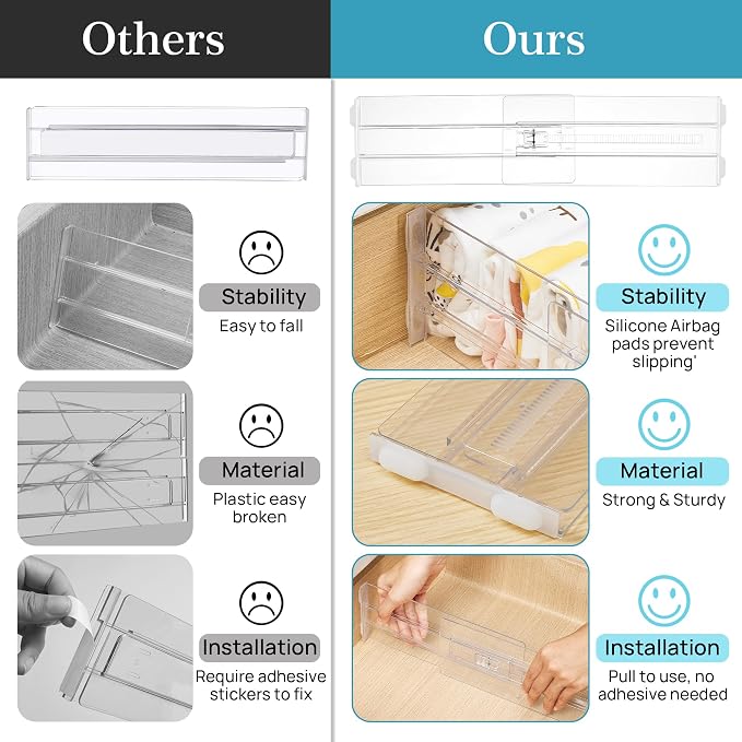 Vtopmart 4 Pack Drawer Dividers for Clothes, 4" High 10.2"-16.5" Adjustable Expandable Dresser Drawer Organizer, Clear Plastic Separators for Dresser, Baby Clothing, Underwear, Cosmetic, Toiletries | Expandable Dresser Drawer Organizer, Clear Plastic S... - Image 9