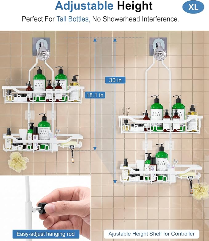 Shower Caddy Hanging Organizer, Extra Large Rack Over Showerhead with Hooks, Adjustable Height Shower Caddy for Big Shampoo Bottle, White - Image 3