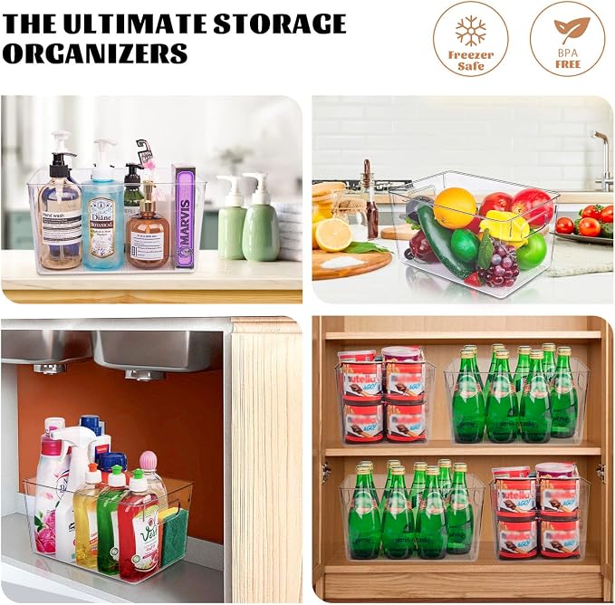6 Pack Clear Plastic Storage Bins, Kitchen&Pantry Organizer Large | Heavy-duty 450g BPA-free PETG containers with handles for fridge, under-sink, bathroom, office, closet, and garage storage - Image 6