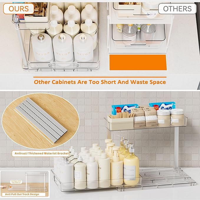 2 Pack 14.6″ Deep Pull Out Under Sink Organizer,10.8″ High 2 Tier Slide Out Cabinet Organizer for Kitchen Cabinet,Undersink Organizers,Under Sink Shelves,Bathroom Organizers and Storage,Clear - Image 6