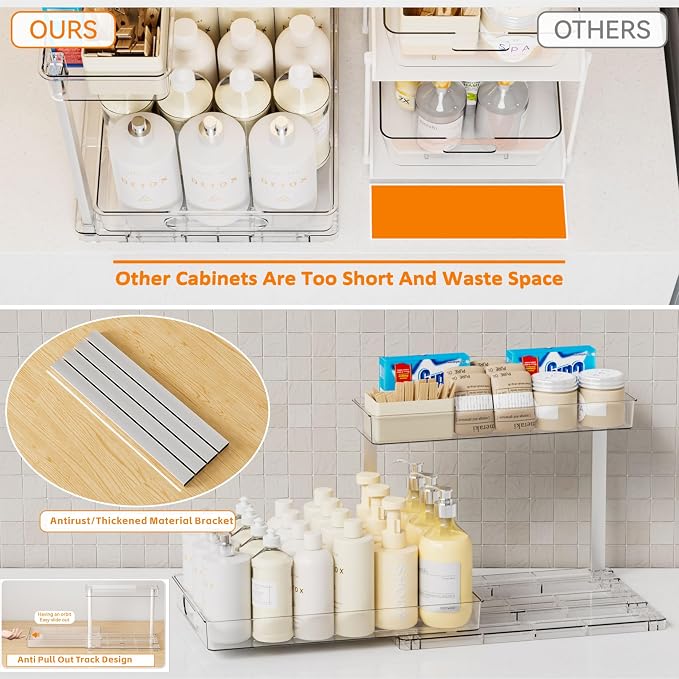 2 Pack 14.6″ Deep Pull Out Under Sink Organizer,12.8″ High 2 Tier Slide Out Cabinet Organizer for Kitchen Cabinet,Undersink Organizers,Under Sink Shelves,Bathroom Organizers and Storage,Clear - Image 5