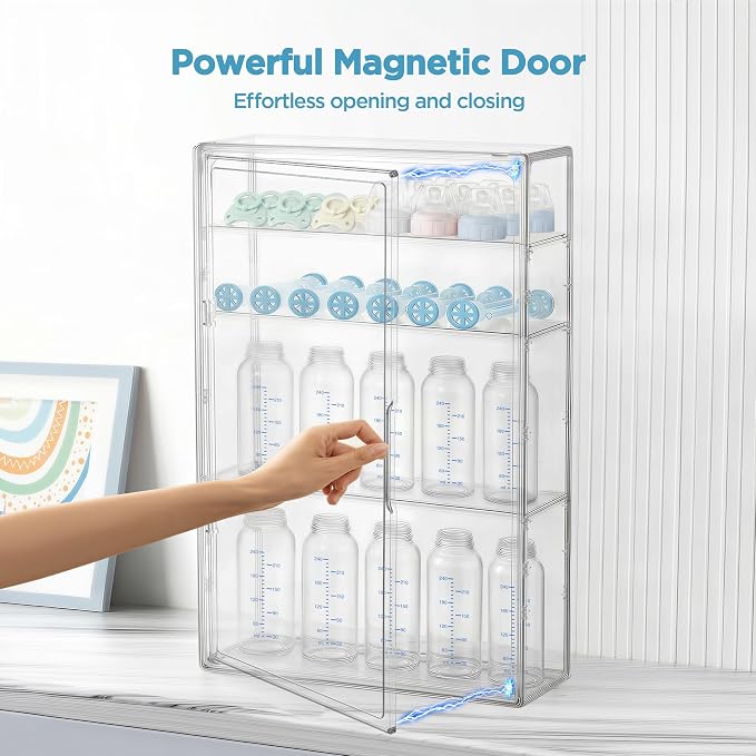 HBlife Baby Bottle Storage Organizer for Wall Countertop Cabinet, 4 Tiers Adjustable Clear Acrylic Bottles Storage Station Case Box Container with 3 Removable Dividers and Magnetic Door, Large - Image 5