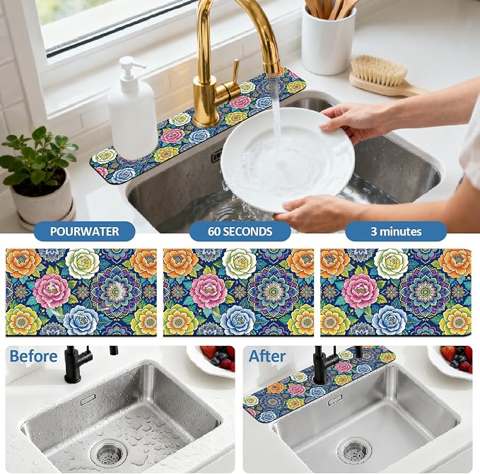 2 Pcs Kitchen Sink Splash Guard Faucet Mat Vintage Florals Faucet Mat for Sinks Bohemian Flowers Absorbing Drying Mats for Kitchen Bathroom, 23.6x5.5inch - Image 5
