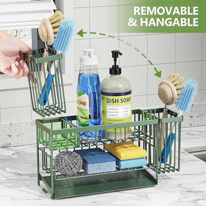 Cisily Sage Green 2-Tier Kitchen Sink Caddy Organzier Rack with Flexible Dish Brush Holder, Sponge Holder for Kitchen Sink Countertop Organization Storage, Home Decor - Image 5