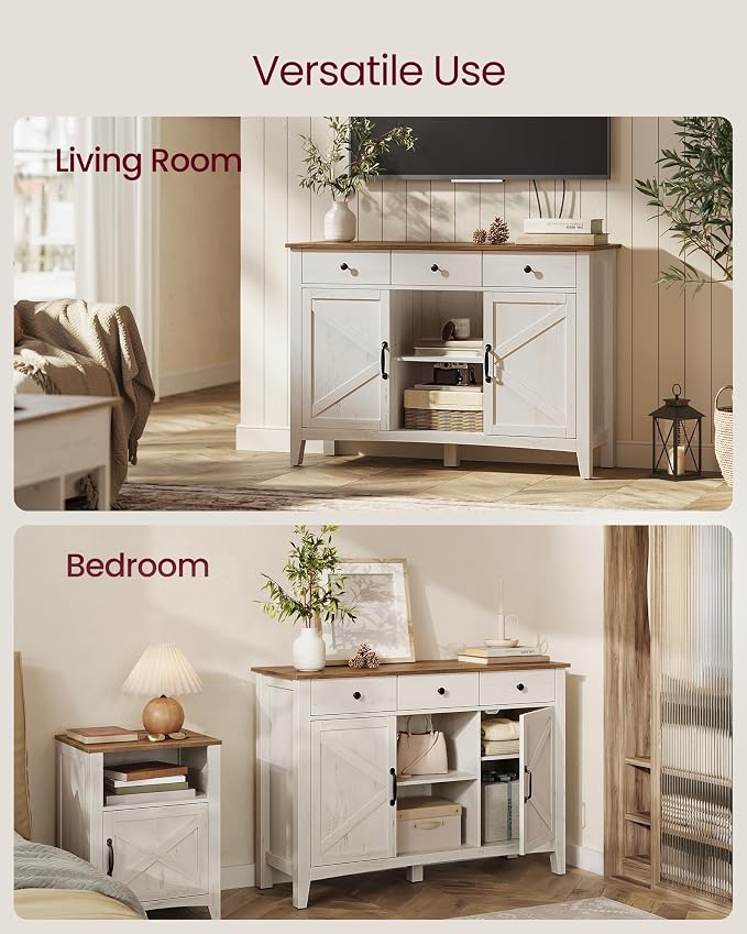VASAGLE LIRY Collection - Coffee Bar Cabinet, Kitchen Storage Cabinet with 3 Drawers, Farmhouse Sideboard with Adjustable Shelf for Kitchen, Rustic White and Honey Brown UBBK371W01V1S - Image 7