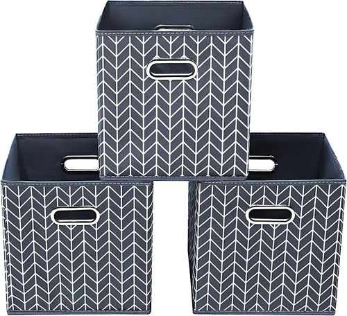 11 Inch Cube Storage Bins , Fabric Cube Organizer Bins with Handle, Foldable Cube Bins for Cloth or Accessary Storage, 11x11x11 Set of 3 (Gray Wave) by Yunkeeper